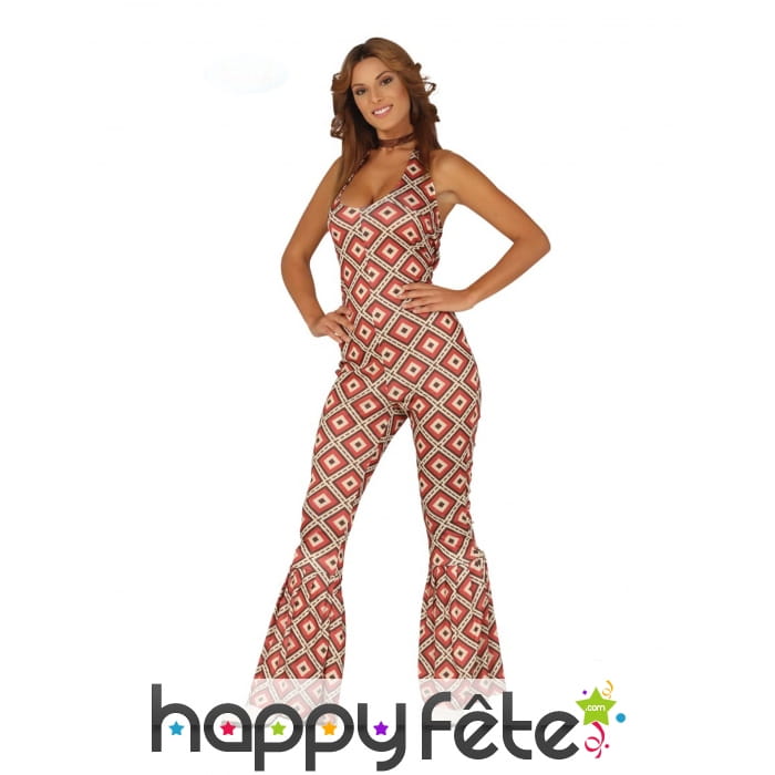 Combinaison disco motifs losange marrons, femme