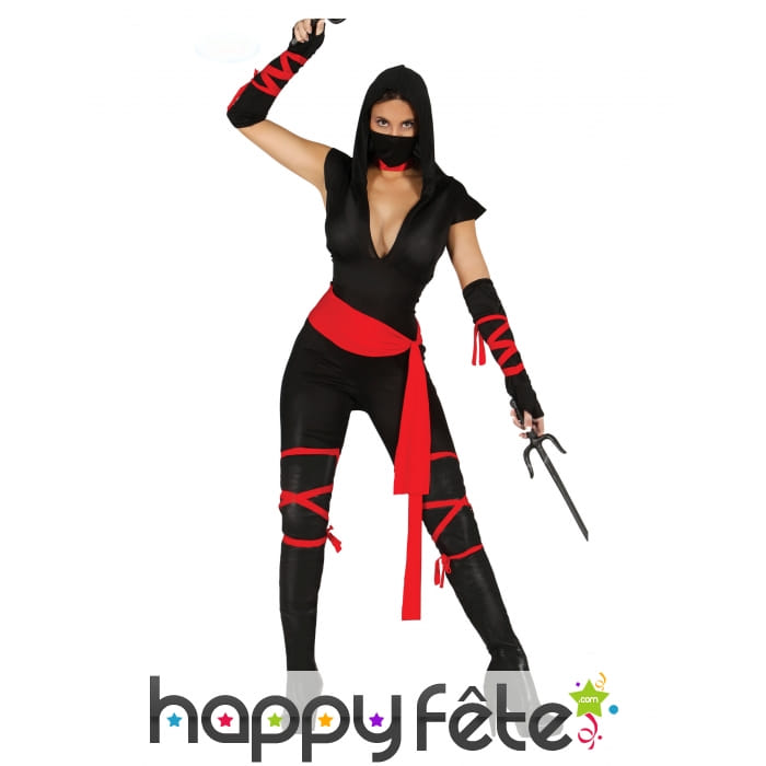 Combinaison de ninja pour femme, noir et rouge