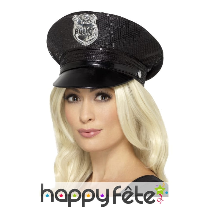Casquette de police à sequins noirs