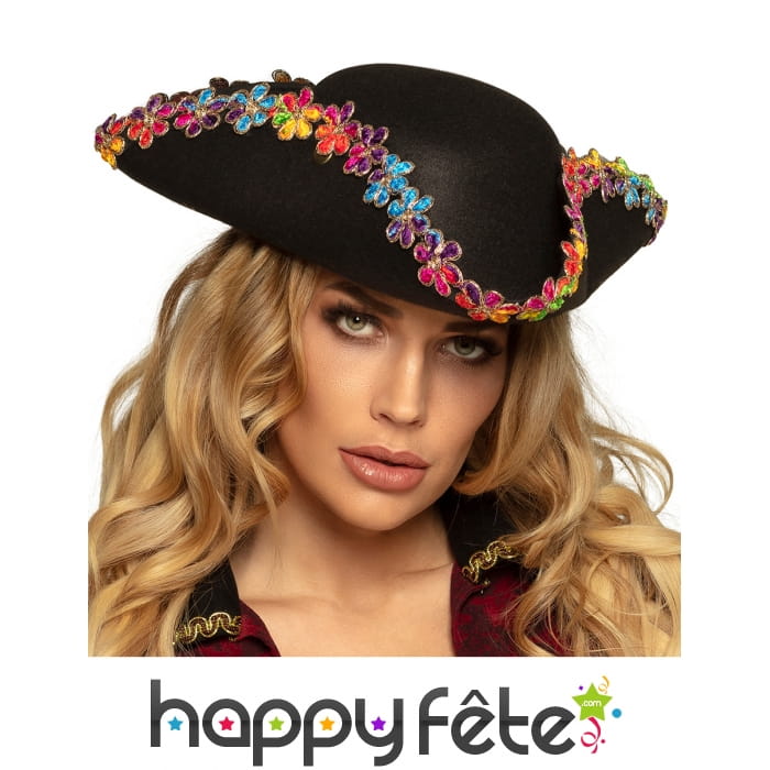 Chapeau de pirate noir avec fleurs colorées