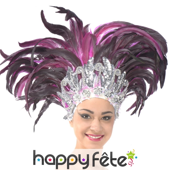 Coiffe de plumes fuchsia/noir et diadème argenté