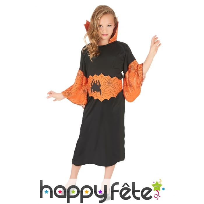 Costume de petite sorcière araignée noir orange