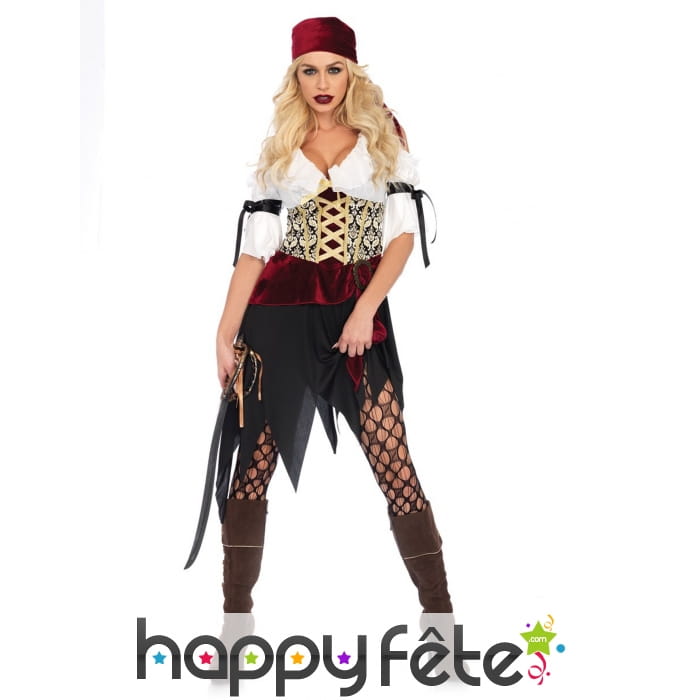 Costume de piratesse rouge velours et blanc