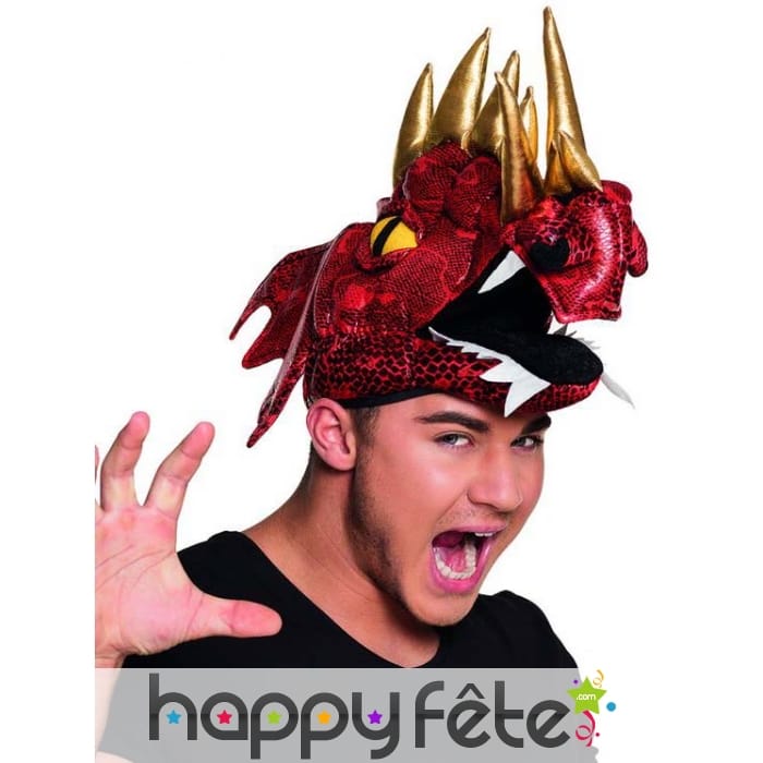Chapeau dragon rouge cornes dorées