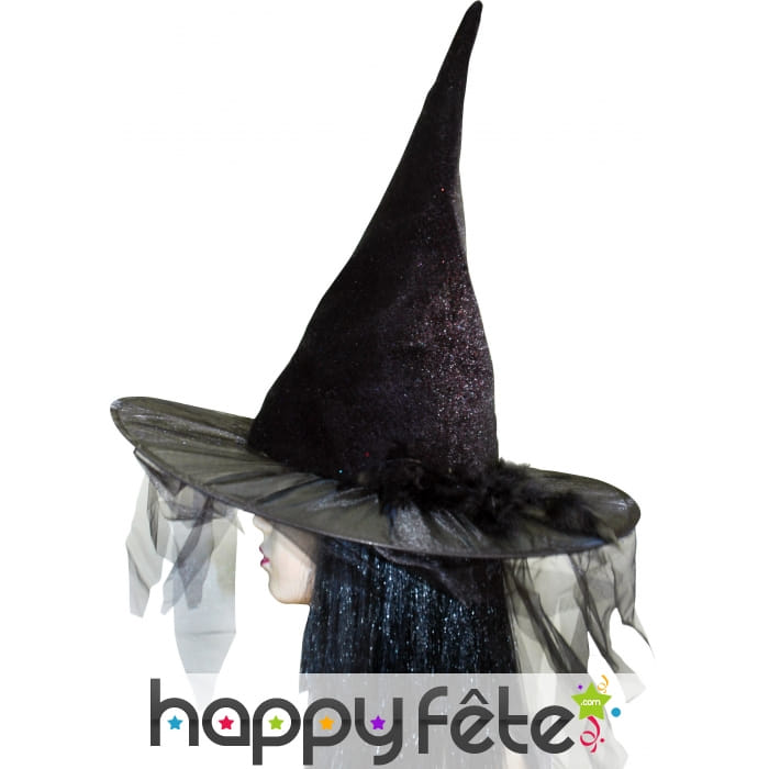 Chapeau de sorciere avec tulle et plumes noires