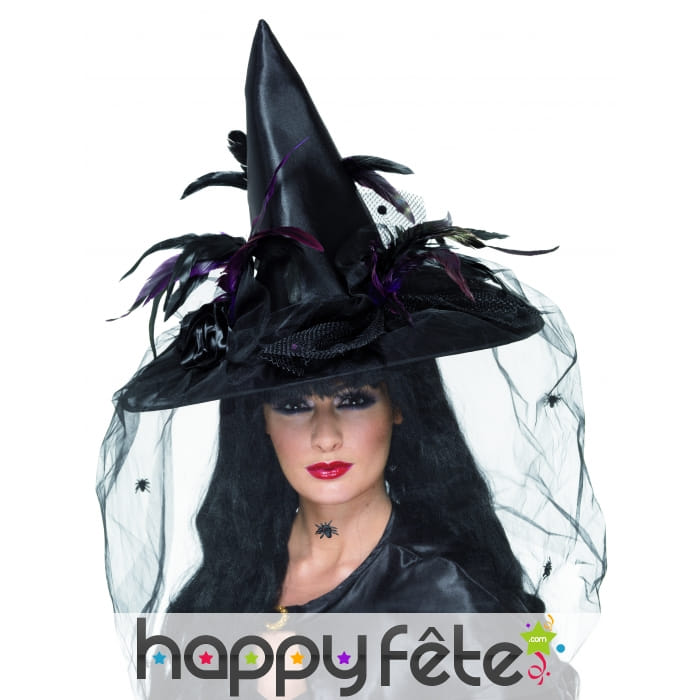 Chapeau de sorciere avec voile et plumes noir