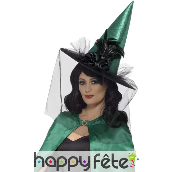 Chapeau de sorcière bleu sarcelle avec voile, luxe