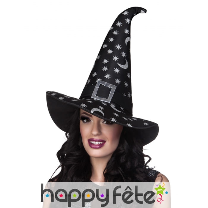 Chapeau de sorcière noir pointu étoilé