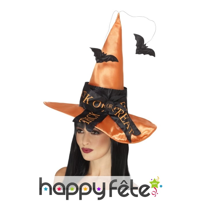 Chapeau de sorcière orange avec chauve souris