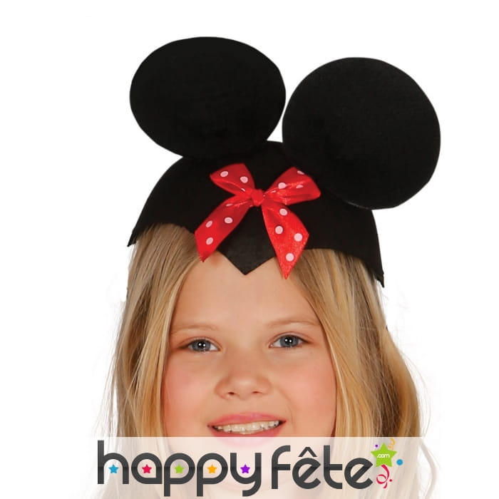 Coiffe de souris en feutrine noire et noeud rouge