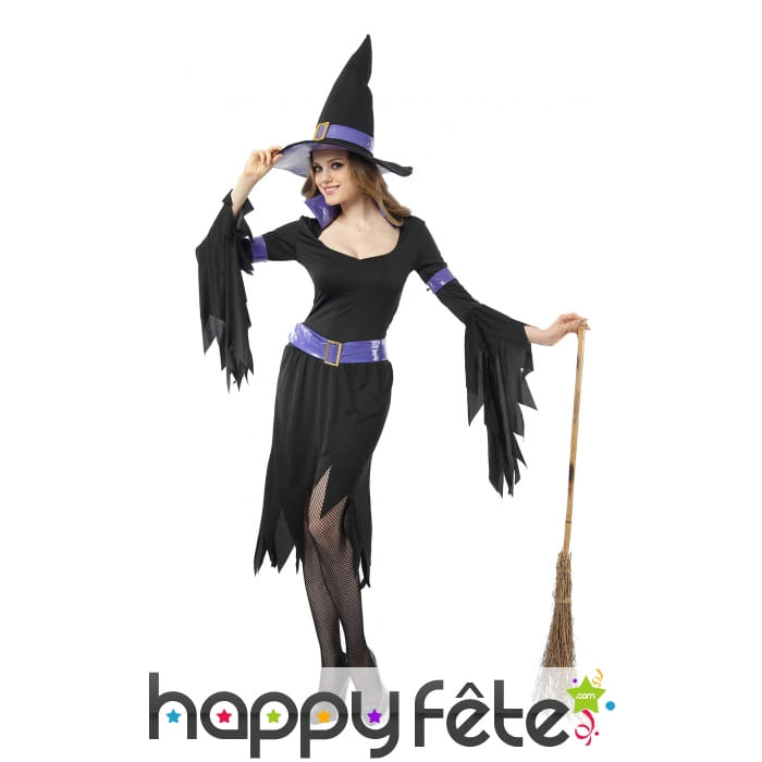 Costume de sorcière noir et violet manches évasées