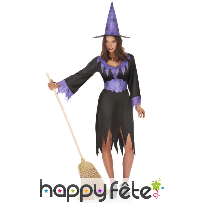 Costume de sorcière noir et violet, robe découpée