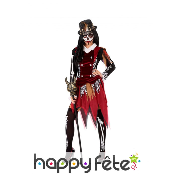 Costume de sorcière squelette rouge noir, adulte