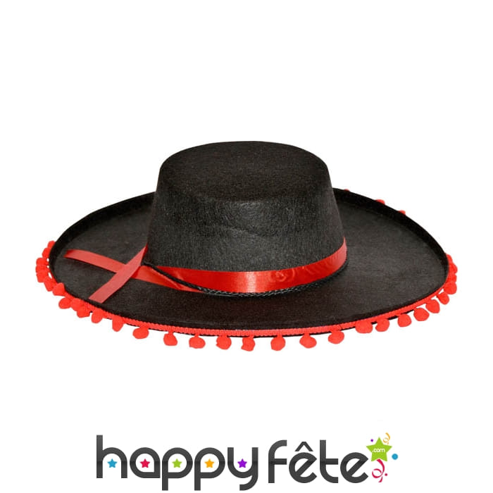 Chapeau espagnol adulte noir avec pompoms rouge