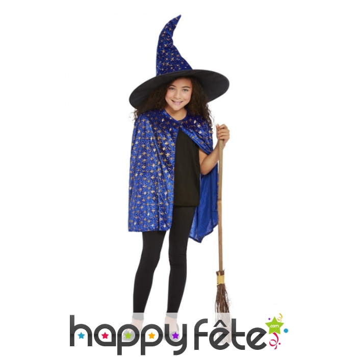 Cape et chapeau de sorcière bleue pour enfant