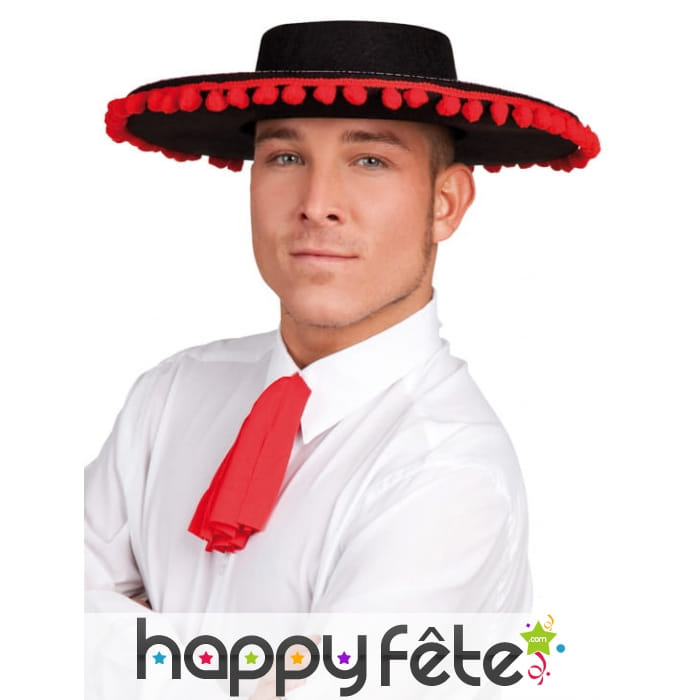 Chapeau espagnol en feutrine noir, bord rouge
