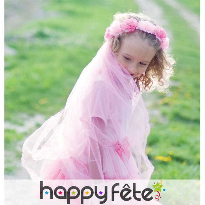 Couronne et voile de fleurs roses pour enfant