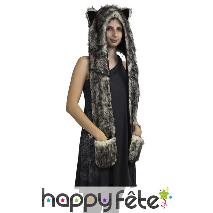 Capuche fourrure avec oreille, écharpe et poche