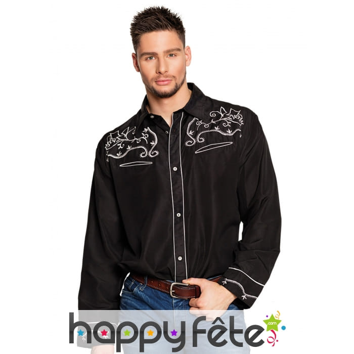 Chemise FarWest noire et motifs blancs adulte