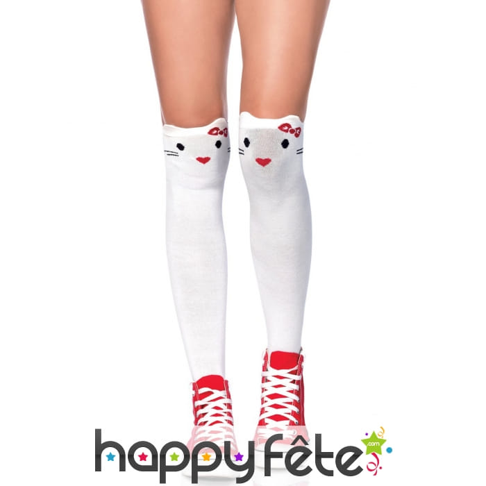 Chaussettes hautes blanches tête de chat