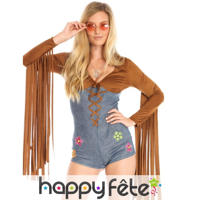 Combinaison hippie bleu marron longues franges