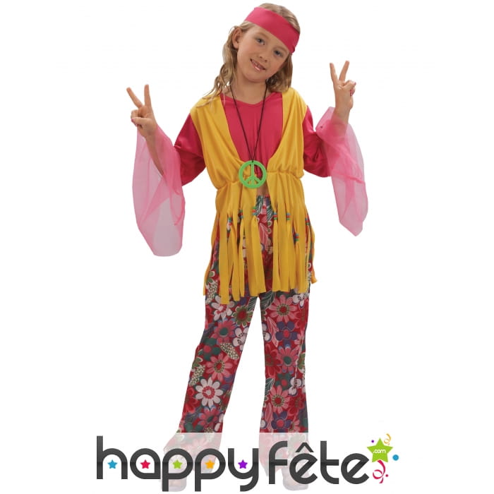 Costume hippie fleuri rose et jaune pour fillette