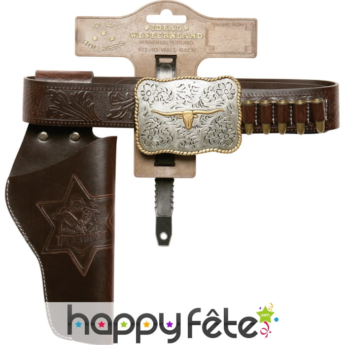 Ceinture holster marron de cowboy, boucle buffle