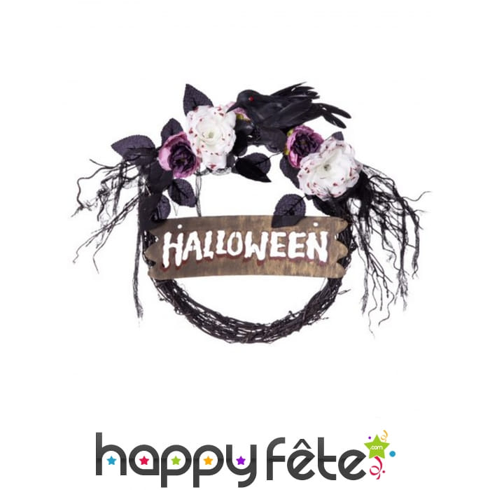 Couronne Halloween noire avec fleurs pour porte