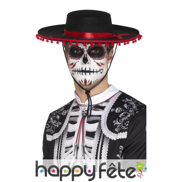 Chapeau jour des morts noir à bord rouge décoré