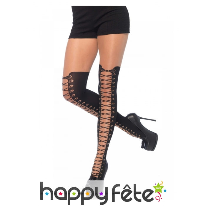 Collants mi-cuisses noirs avec effet laçage, luxe