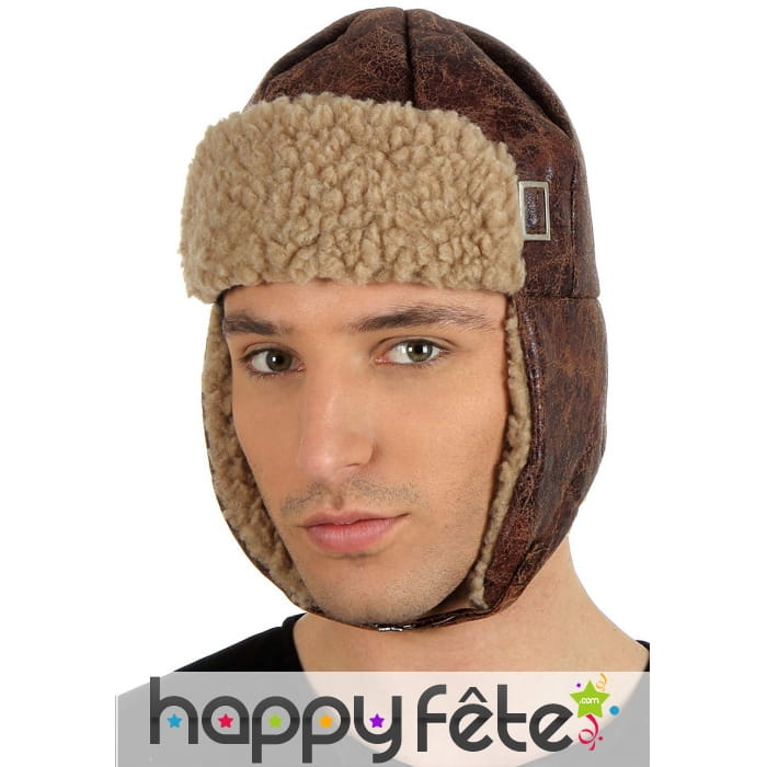 Casquette marron d'aviateur avec fausse fourrure