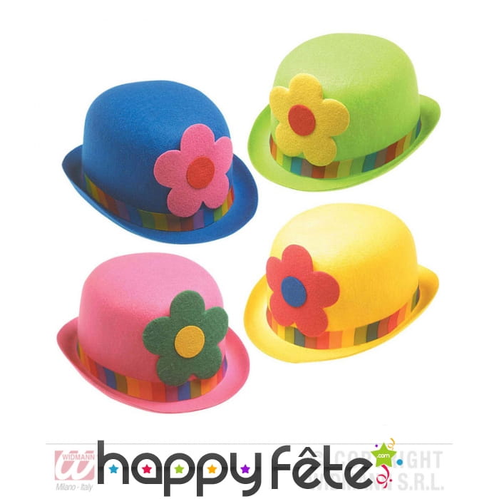 Chapeau melon de clown coloré avec fleur