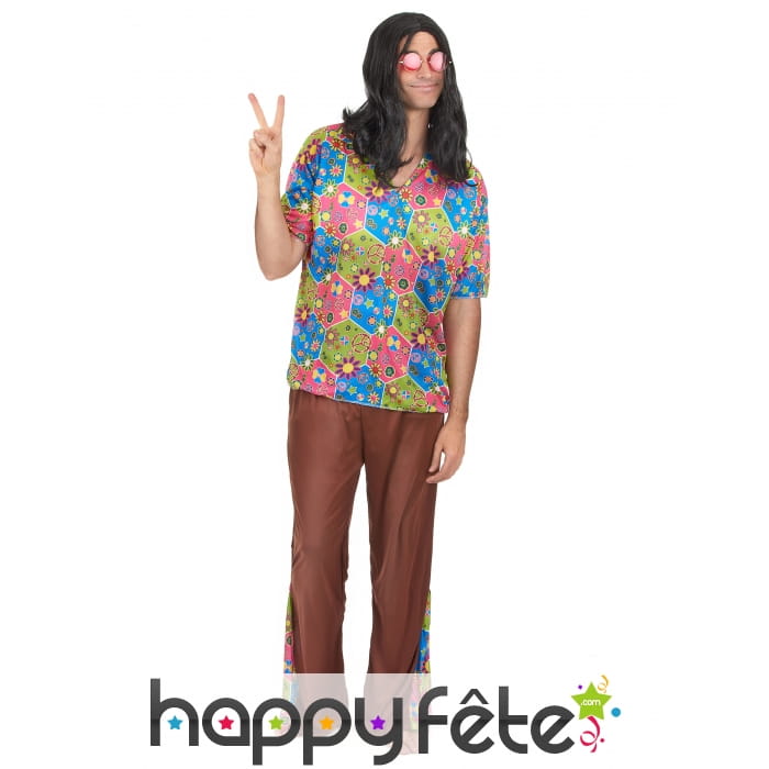 Costume marron et fleuri de hippie pour homme