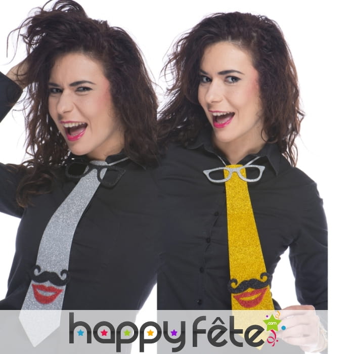 Cravate moustache paillettes or ou argent