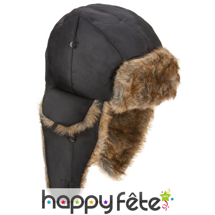Chapeau noir aviateur avec fausse fourrure