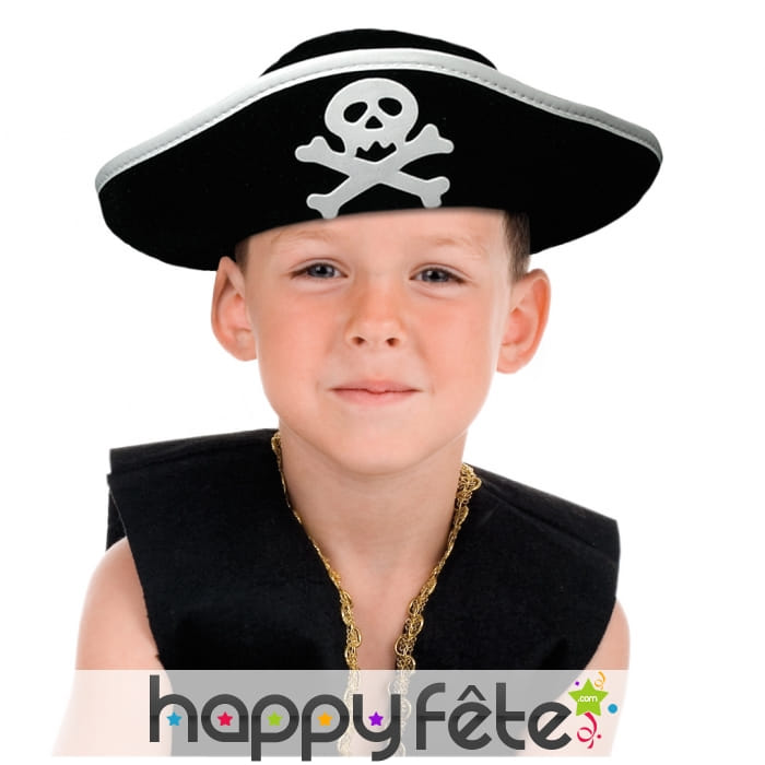 Chapeau noir de pirate tête de mort, enfant