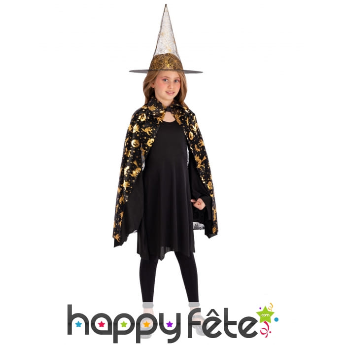 Cape noire or et chapeau de sorcière pour enfant