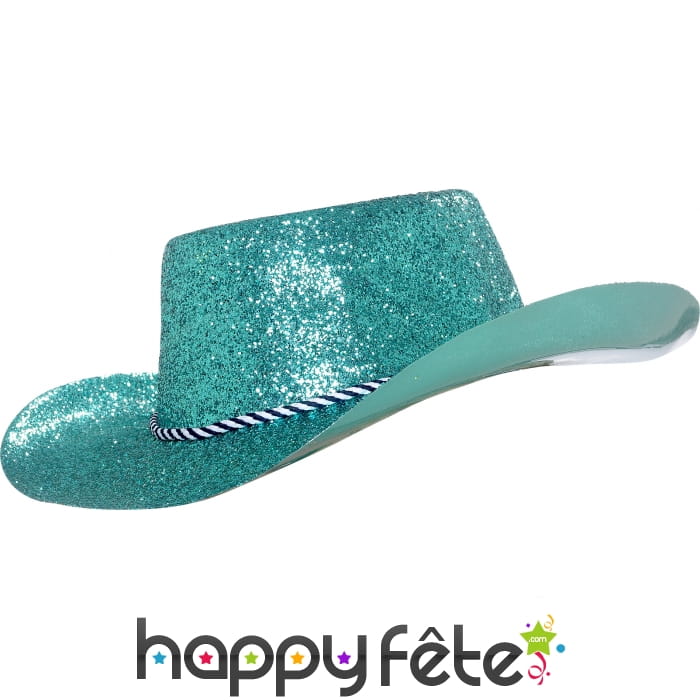 Chapeau plastique de cowboy paillette turquoise