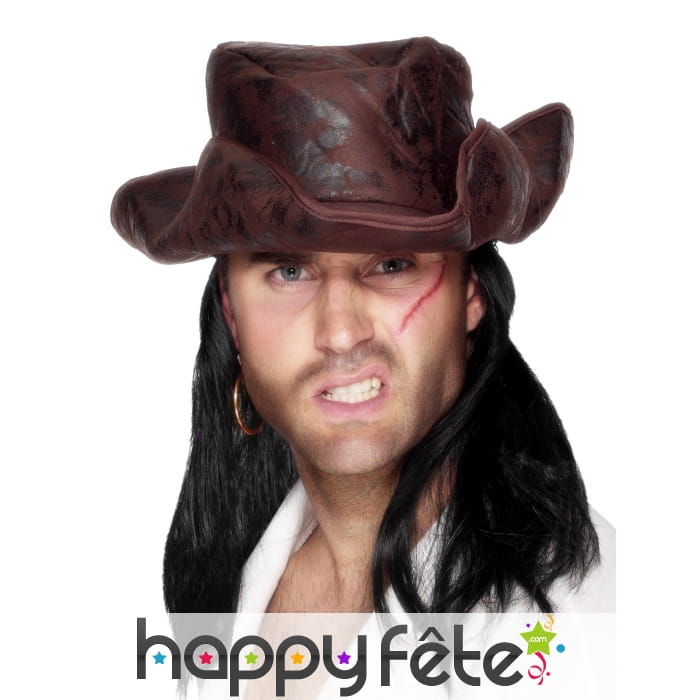 Chapeau pirate en simili marron avec cheveux