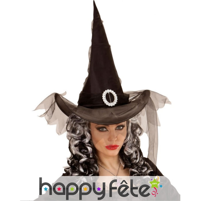 Chapeau pointu noir avec voile et boucle
