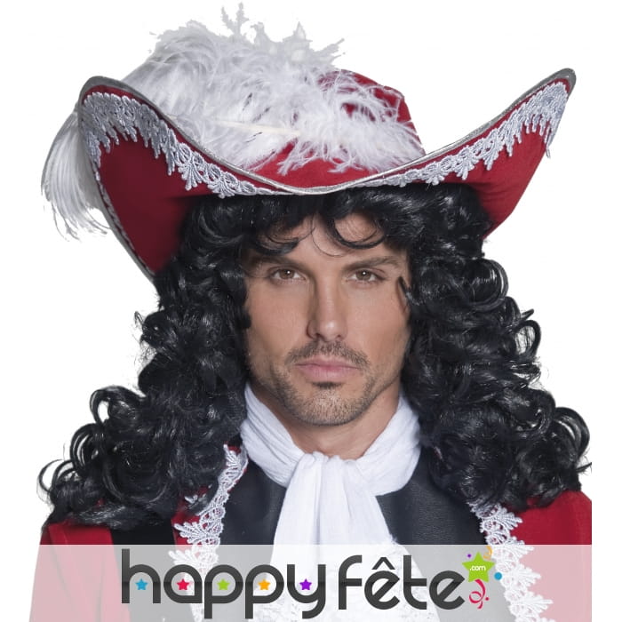 Chapeau pirate rouge avec plume et galon