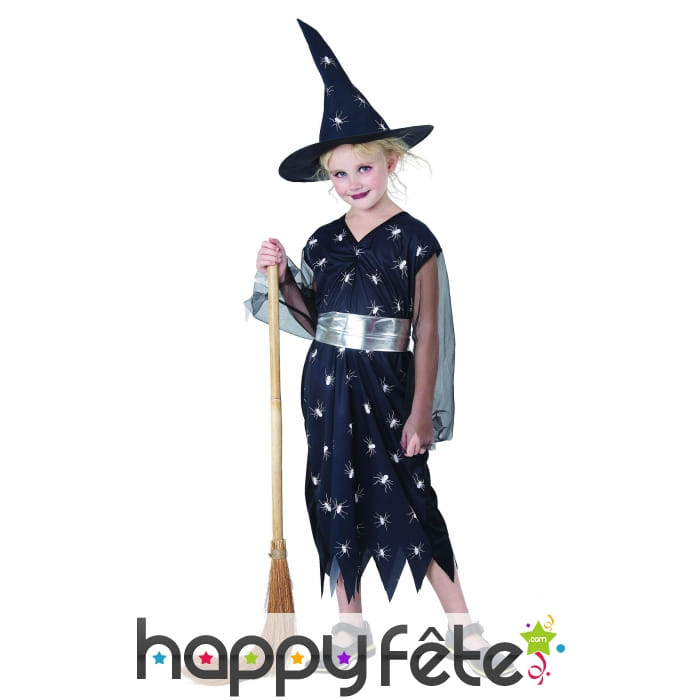 Costume petite sorcière noir araignées imprimées