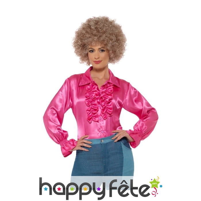 Chemise rose à volants, satinée pour femme