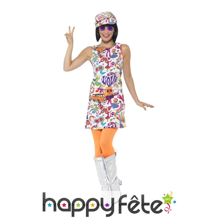 Costume robe blanche motifs sixties sans manches