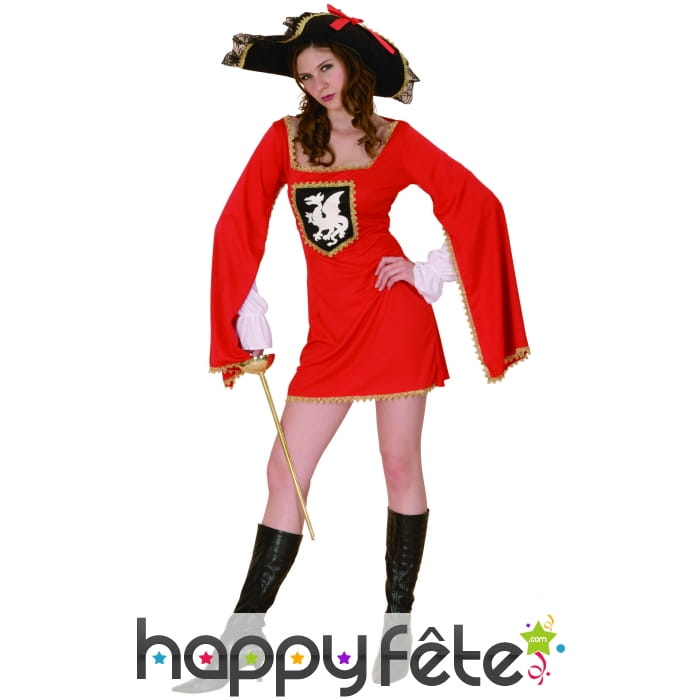 Costume robe courte rouge de femme mousquetaire