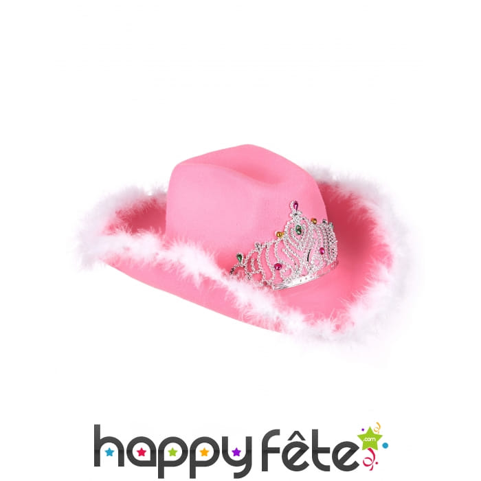 Chapeau rose de cowgirl froufrous blancs