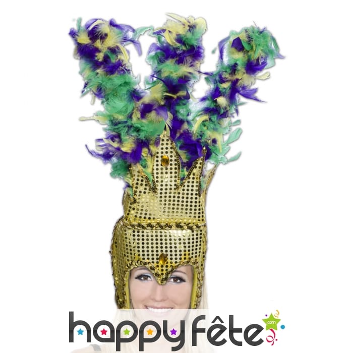 Coiffe rio dorée de cabaret à plumes colorées