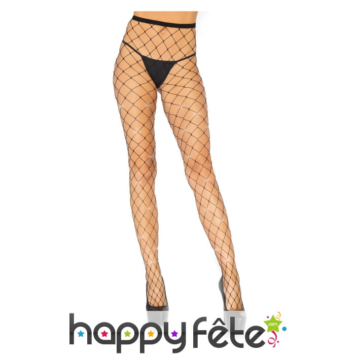 Collants résilles larges noirs avec strass, luxe