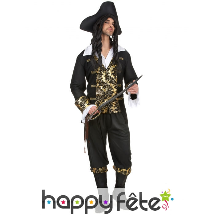 Costume robe noire de pirate imprimés dorés