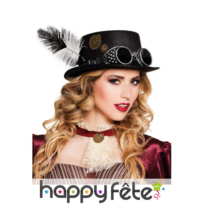 Chapeau Steampunk avec rouages et plumes